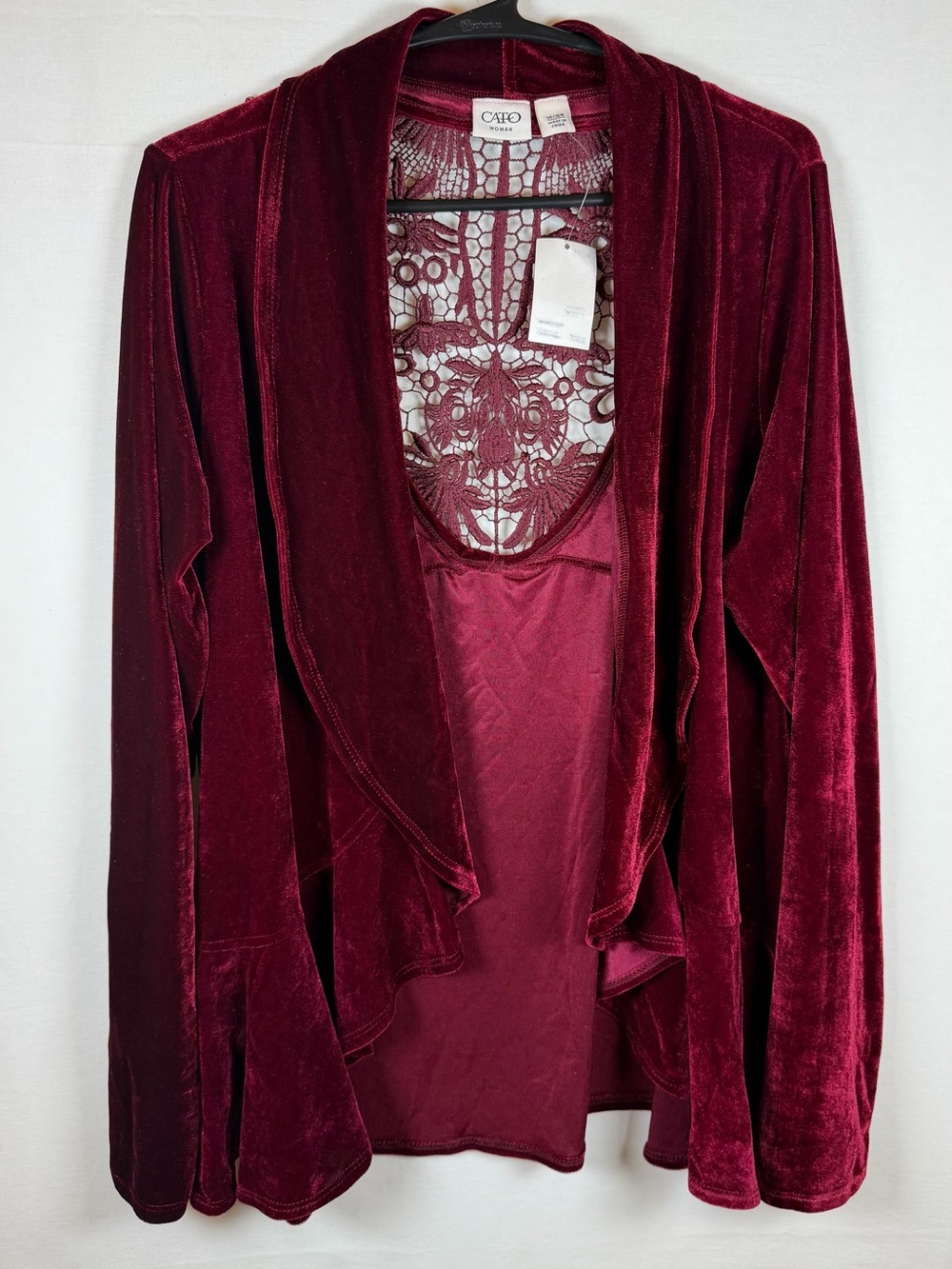 Cato Wine Velvet Lace-Back Draped Cardigan